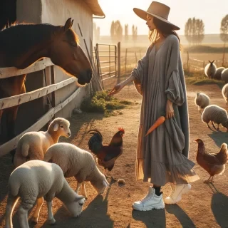 Modern giyinimli bir kadın ve çiftlikte hayvanları ile birlikte